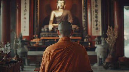 Obraz premium In serene temple, monk sits in meditation before large Buddha statue, embodying tranquility and spiritual reflection. atmosphere is peaceful and contemplative