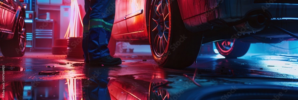 Aufkleber A technician is changing tires on a car in a brightly lit workshop, with colorful reflections on the wet floor. Generative AI