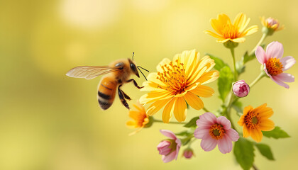 Floral banner with bee and butterflly isolated with white highlights, png