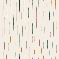 Seamless pattern features vertical brushstroke elements in shades of teal, mustard yellow, dusty pink, olive green, and dark teal on a light beige background
