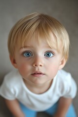 Naklejka premium A cute toddler with big blue eyes gazes upward, capturing innocence and curiosity in an enchanting portrait photo.