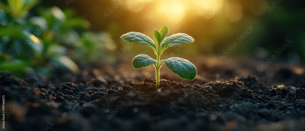 Aufkleber a single green sprout emerging from dark soil with golden sunlight in the background