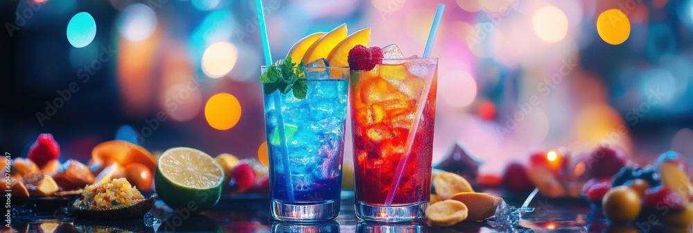 Poster brightly colored cocktails are served with an array of snacks and fresh fruit slices, perfect for a 