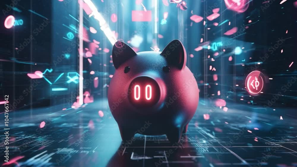 Poster a digital piggy bank stands in a futuristic environment filled with floating currency symbols and da