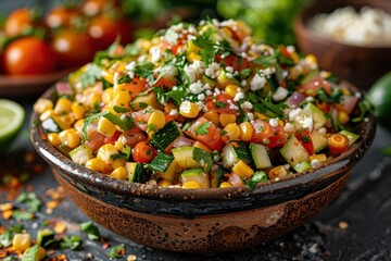 A serving of calabacitas, a vegetable medley with zucchini, corn, tomatoes, and cheese, garnished with fresh cilantro