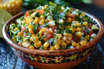 A serving of calabacitas, a vegetable medley with zucchini, corn, tomatoes, and cheese, garnished with fresh cilantro