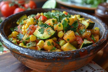 A serving of calabacitas, a vegetable medley with zucchini, corn, tomatoes, and cheese, garnished with fresh cilantro