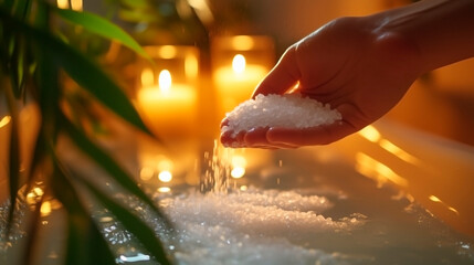 Hand pouring bath salts into warm candlelit bath