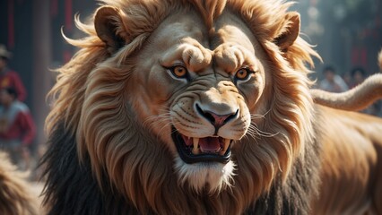 Naklejka premium Close-up of a powerful lion with intense expression during a lively festival atmosphere