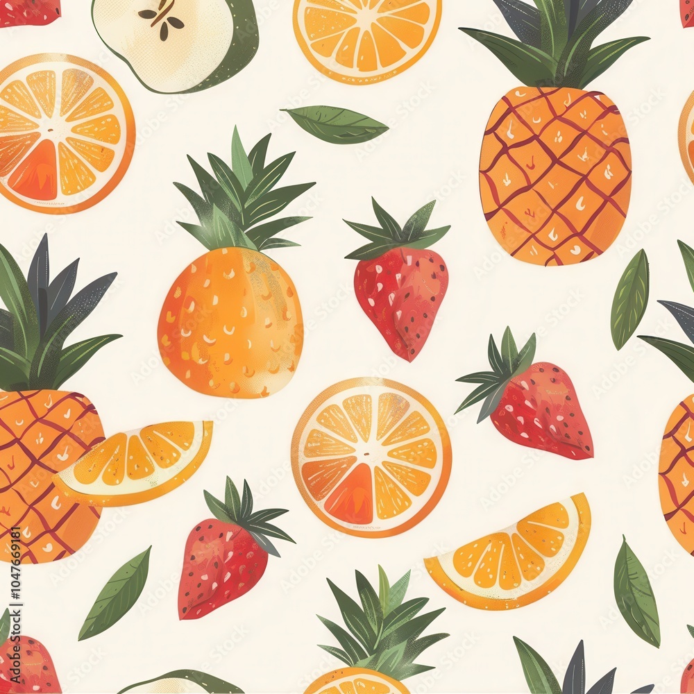 Poster a vibrant pattern showcases various fruits, including pineapples, strawberries, and oranges, creatin