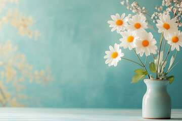 Fresh daisies arranged in a ceramic vase on a wooden table against a teal background during daylight
