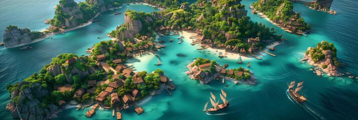 Obraz premium Tropical island with pirate style houses and sailboats, village on the island.