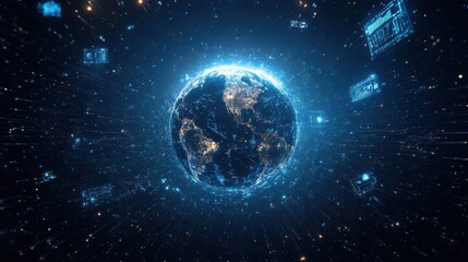 Fototapeta premium Planet Earth surrounded by floating technology icons