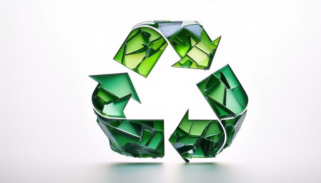 Logomarca universal da reciclagem, constru&iacute;da com cacos de vidro