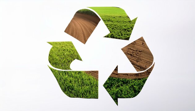 Logomarca universal da reciclagem, constru&iacute;da com terra f&eacute;rtil e grama