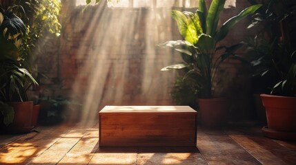 Rustic wooden podium with a natural finish, highlighted by warm, natural light.