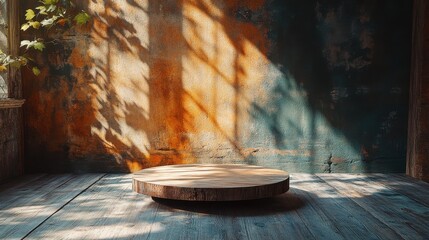 Fototapeta premium Rustic wooden podium with a natural finish, highlighted by warm, natural light.
