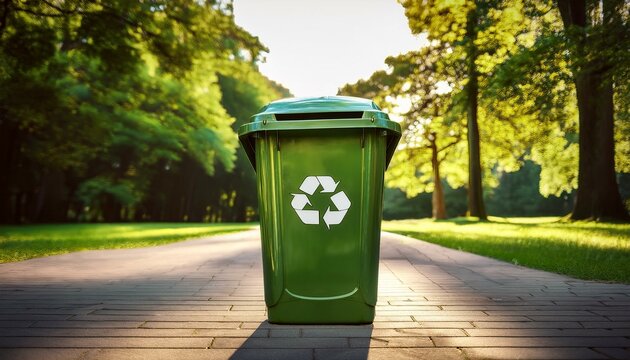 Lixeira Verde com S&iacute;mbolo de Reciclagem em Parque Ensolarado