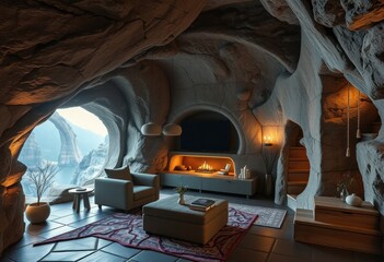 Serene cave living room with scenic view