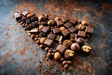 Christmas tree shaped from chocolate and pralines on a dark slate background, sweet holiday...