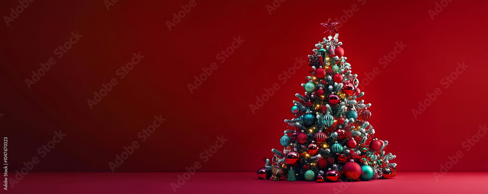 Poster a christmas tree adorned with red and blue ornaments is shown against a red backdrop. it is standing