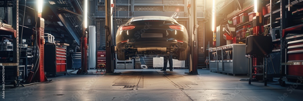 Poster A mechanic inspects and repairs components under a hoisted car in a busy automotive workshop, utilizing various tools and equipment. Generative AI