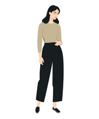 Fototapeta premium Vector illustration of a girl in a cozy beige sweater and black pants. Suitable for autumn looks.