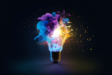 Creative light bulb explodes with colorful dry paint, sparks and splashes on a black background,...