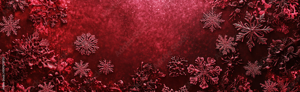 Poster red snowflakes are scattered on a deep red background