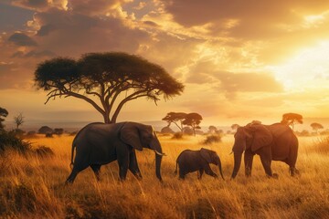 Fototapeta premium A family of elephants strolls across the golden grass of the savanna as the sun sets, casting a warm glow in the sky. Generative AI