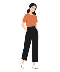 Fototapeta premium Vector illustration of a girl in casual clothes orange t-shirt and black pants. Simplicity and comfort.