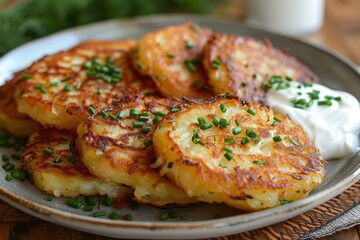 A serving of draniki, crispy potato pancakes, served with a side of sour cream and chives