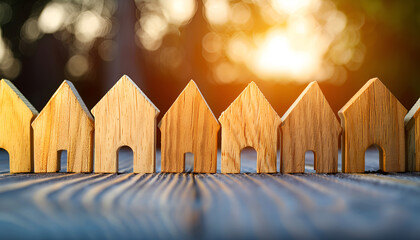 Wooden houses stand in a row. Real estate, affordable housing concept. Valuation of residential buildings. Realtor services. Buying and selling. Find most suitable housing options. Mortgage and loan