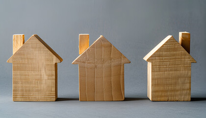 Wooden houses stand in a row. Real estate, affordable housing concept. Valuation of residential buildings. Realtor services. Buying and selling. Find most suitable housing options. Mortgage and loan