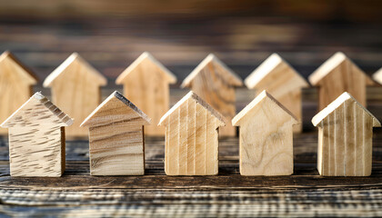 Wooden houses stand in a row. Real estate, affordable housing concept. Valuation of residential buildings. Realtor services. Buying and selling. Find most suitable housing options. Mortgage and loan