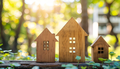 Wooden houses stand in a row. Real estate, affordable housing concept. Valuation of residential buildings. Realtor services. Buying and selling. Find most suitable housing options. Mortgage and loan