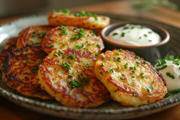 A serving of draniki, crispy potato pancakes, served with a side of sour cream and chives