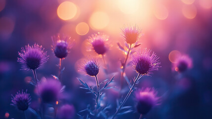 Thistle, purple, blurred and grainy 35mm film background with soft light leaks and a warm vintage glow, suitable for retro cinematic projects and analog-inspired photo or design backdrops