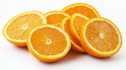 Fototapeta premium Orange slices and whole oranges, showcased on a white background, highlighting their vivid orange color