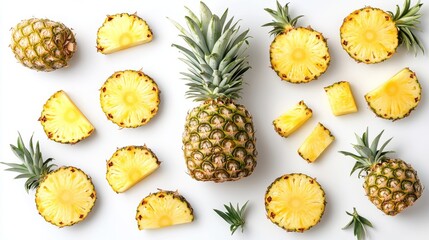 Group of pineapples with slices and peels, isolated on a pure white background, capturing their fruity and exotic nature