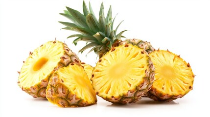 Group of pineapples with slices and peels, isolated on a pure white background, capturing their fruity and exotic nature