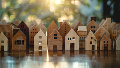 Wooden houses stand in a row. Real estate, affordable housing concept. Valuation of residential buildings. Realtor services. Buying and selling. Find most suitable housing options. Mortgage and loan
