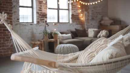 A serene loft retreat with a simple yet stylish reading setup complete with a woven hammock chair and delicate string lights.