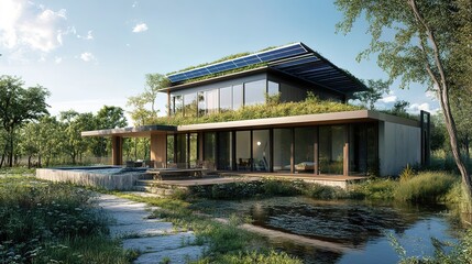 Fototapeta premium An eco-friendly home design, featuring solar panels, a green roof, and rainwater harvesting systems.