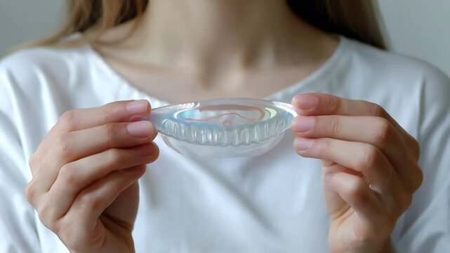 Woman holding clear dental aligner in both hands, wearing white shirt. Focus on the aligner. Perfect for dental care or orthodontics concepts. Modern, clean style. Generative AI