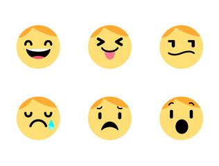 Fototapeta premium Emoticon pack 6 man face emotions with facial expressions happy, sad, disgusted, scared, angry, surprised.