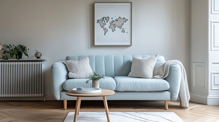 Obraz premium Minimalist interior design of modern living room with light blue sofa, world map wall art, and wooden coffee table 