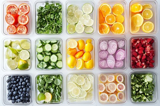 Efficient organization of fresh fruits and vegetables in clear containers for optimal fridge and freezer storage