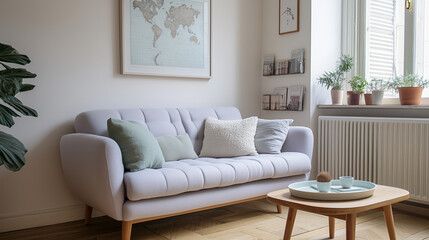 Minimalist interior design of modern living room with light grey sofa and natural decor
