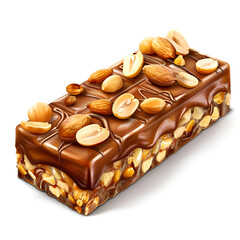 Bar with peanuts, hazelnuts, caramel and chocolate on a white background. View from above. Nut bar isolate. Sugar